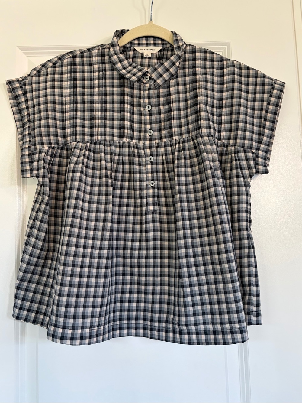 Lucky Brand Black & White Plaid Short-Sleeve Button-Front Top